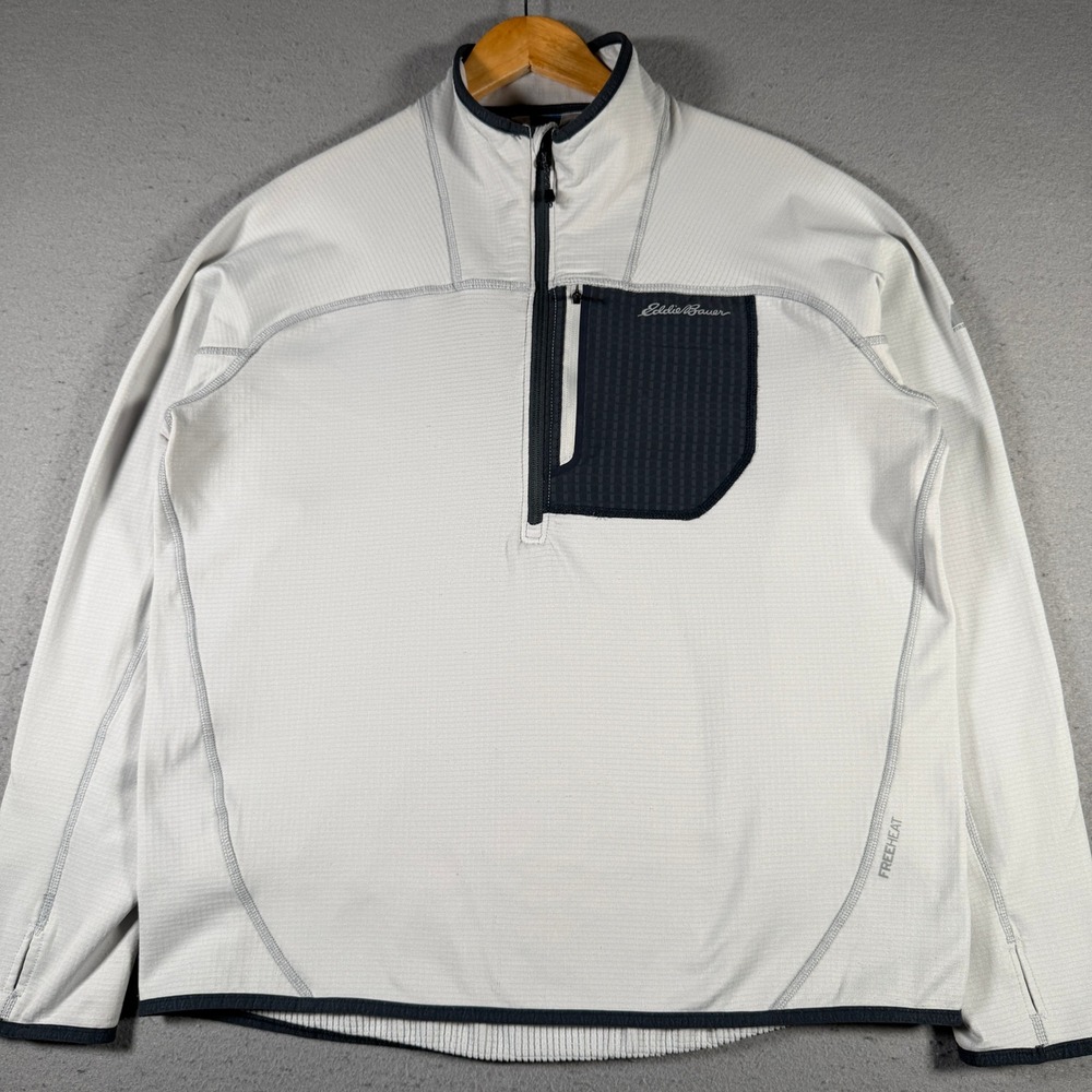 Eddie Bauer FreeHeat Mens Large Light‎ Gray Grid Fleece 1/4 Zip Pullover Ascent